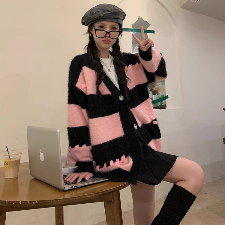 冬季女裝日系甜美寬鬆條紋貂絨毛衣+百褶半身裙學院風小個子套裝