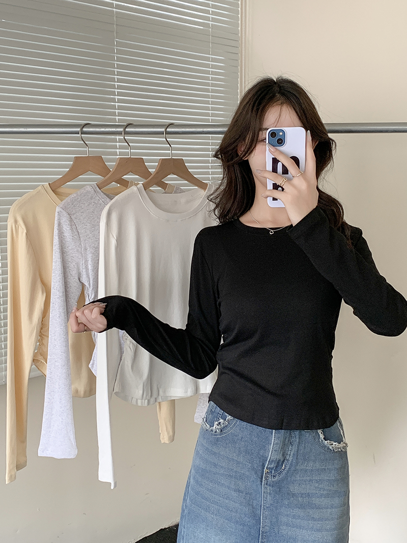 Real shot of cotton long-sleeved bottoming shirt for women in autumn and winter, new design, curved hem, irregular T-shirt worn inside