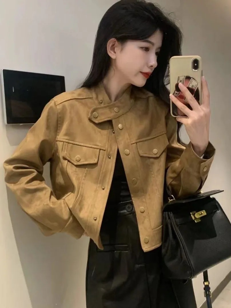 Suede autumn and winter new Korean style design leather jacket women's loose and slim short long-sleeved jacket trendy top