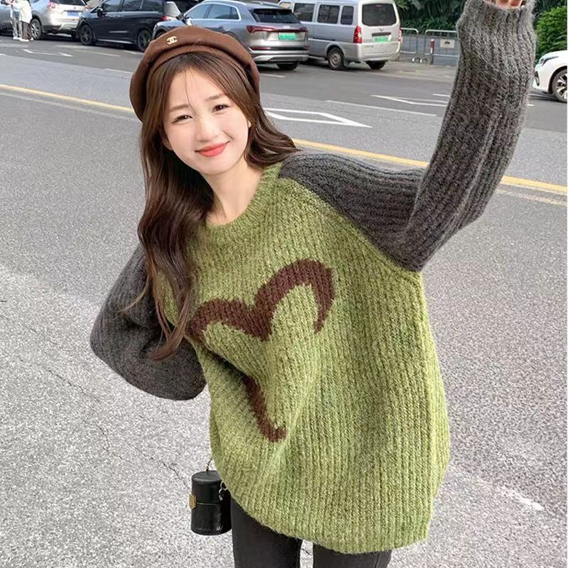 提花愛心插肩袖毛衣女歐洲站2023秋冬季百搭中長款柳條花紋針織衫