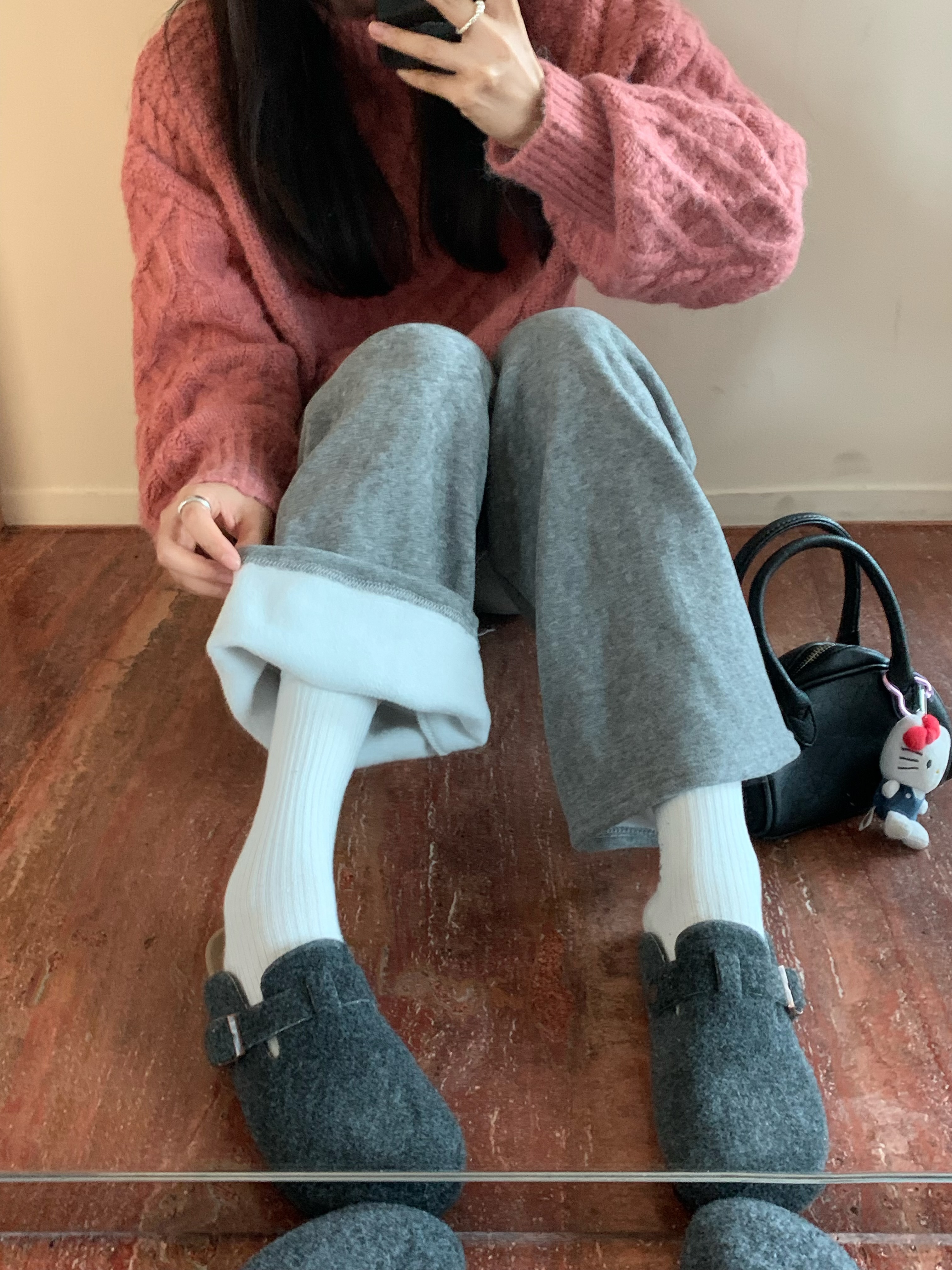 實拍~加絨加厚奶昔糯米褲顯高高腰寬鬆秋冬軟糯遛彎休閒褲