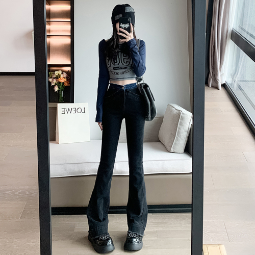 Actual shot of 2024 early spring new style flared jeans for women, high-waisted slimming floor-length trousers