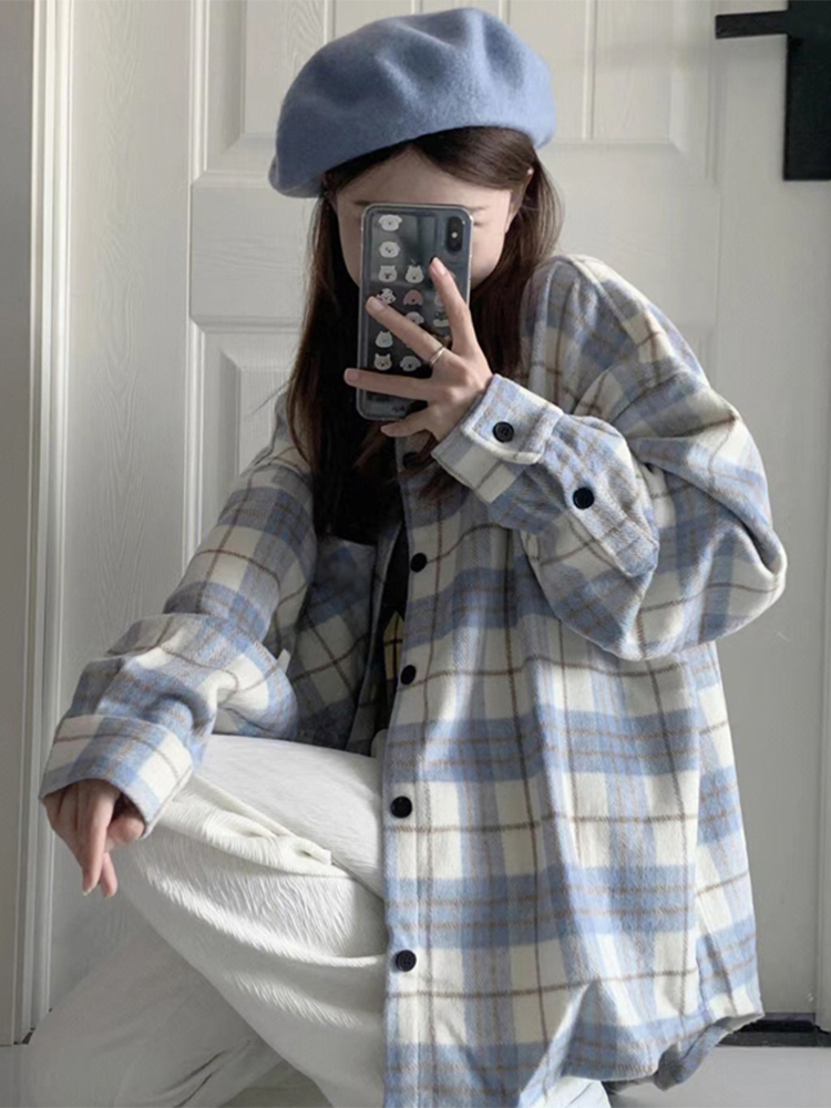 格子襯衫女款早秋chic法式長袖上衣設計感小眾慵懶風外套襯衣春秋