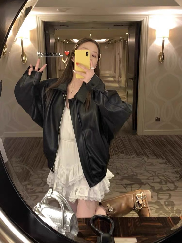 xi leather girl pu retro black imitation leather jacket women's jacket top 2023 spring and autumn jacket
