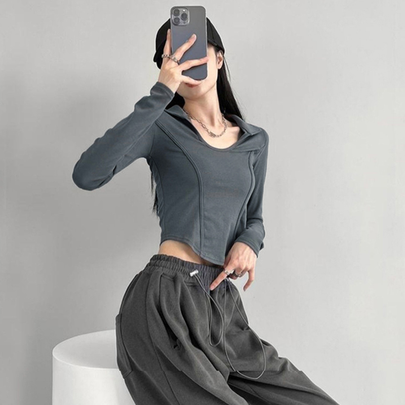 American fishbone tops for women, high-end, slim-fitting hot girls inner wear, niche short long-sleeved T-shirts for early autumn