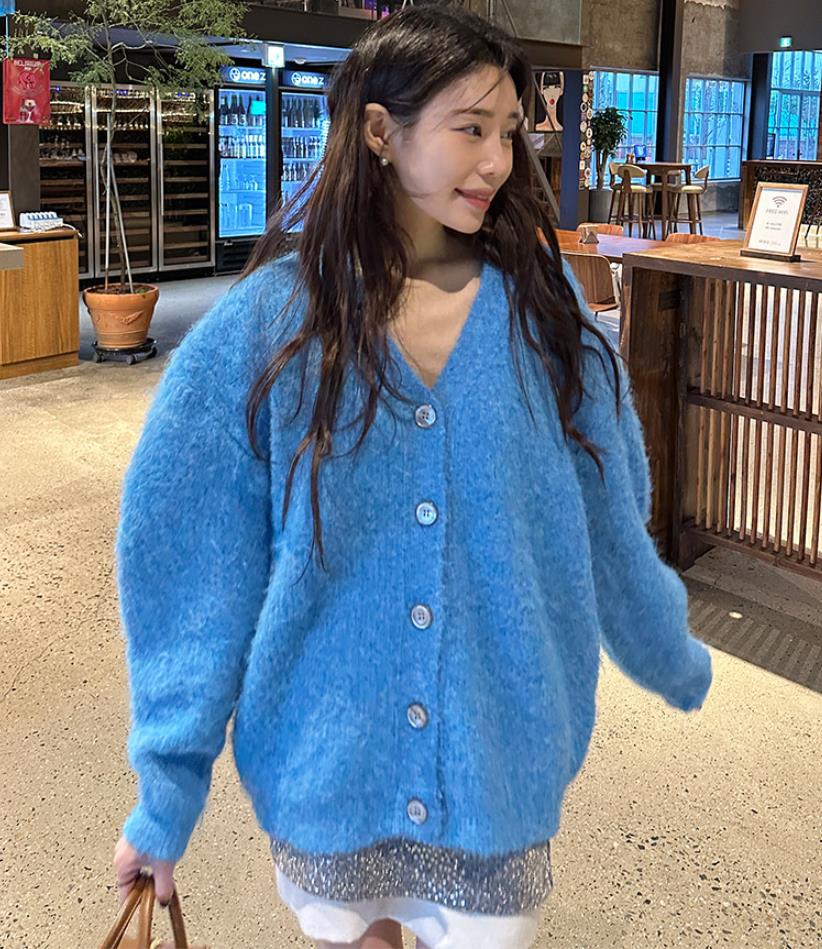 INS韓國東大門！慵懶感寬鬆大件V領厚實保暖毛衣外套女