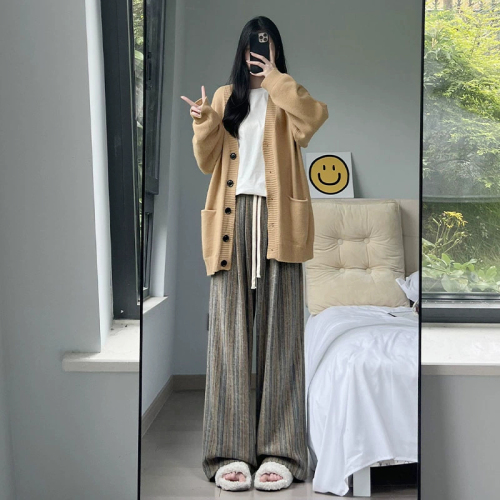 Official picture original fabric three-dimensional waist work woolen striped pants women's autumn and winter drape retro wide-leg pants