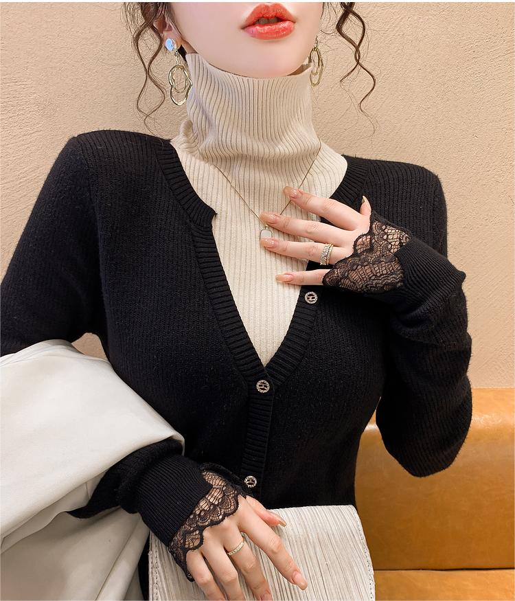 假兩件蕾絲拼接針織毛衣年秋冬新款韓版寬鬆高領長袖打底衫女