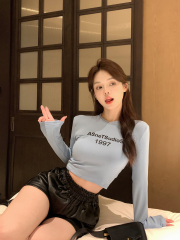 Autumn and winter fashionable hot girls slim brushed plus velvet elastic slimming printed letter bottoming T-shirt women's trend