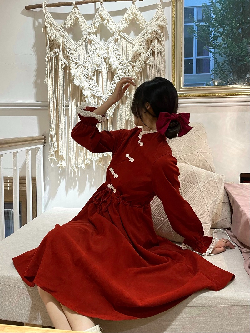 復古盤扣長袖新年連衣裙年春季胖mm收腰顯瘦少女改良旗袍裙冬