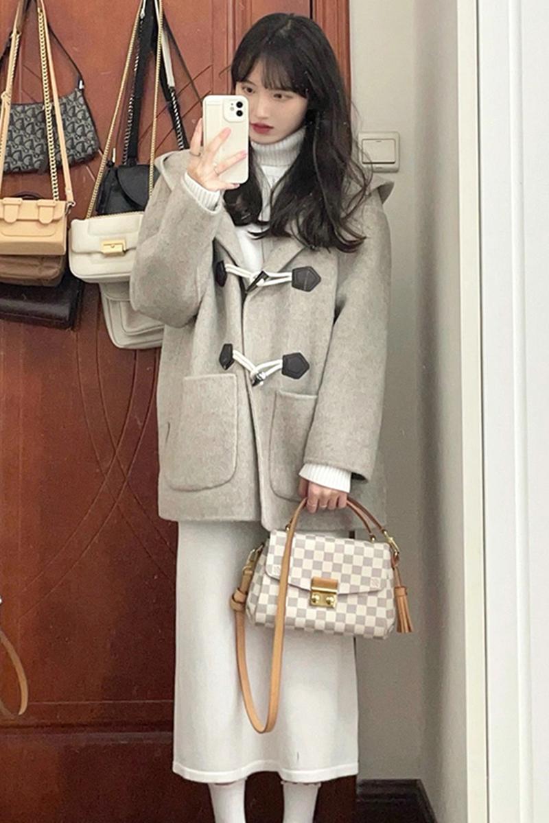 牛角扣毛呢韓系穿搭外套女冬裝2023新款加厚高級感小個子大衣