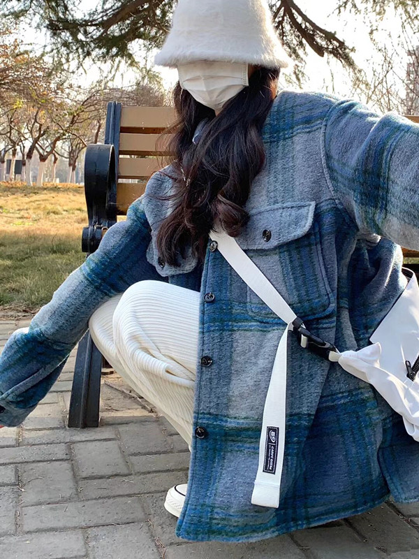美式復古高級感格子毛呢外套女秋冬寬鬆百搭設計感小眾開衫上衣潮