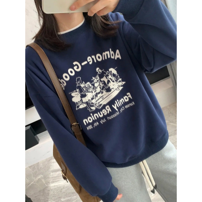 原宿BF加絨加厚套頭圓領衛衣女學生鹽系寬鬆上衣秋冬季外套慵懶風
