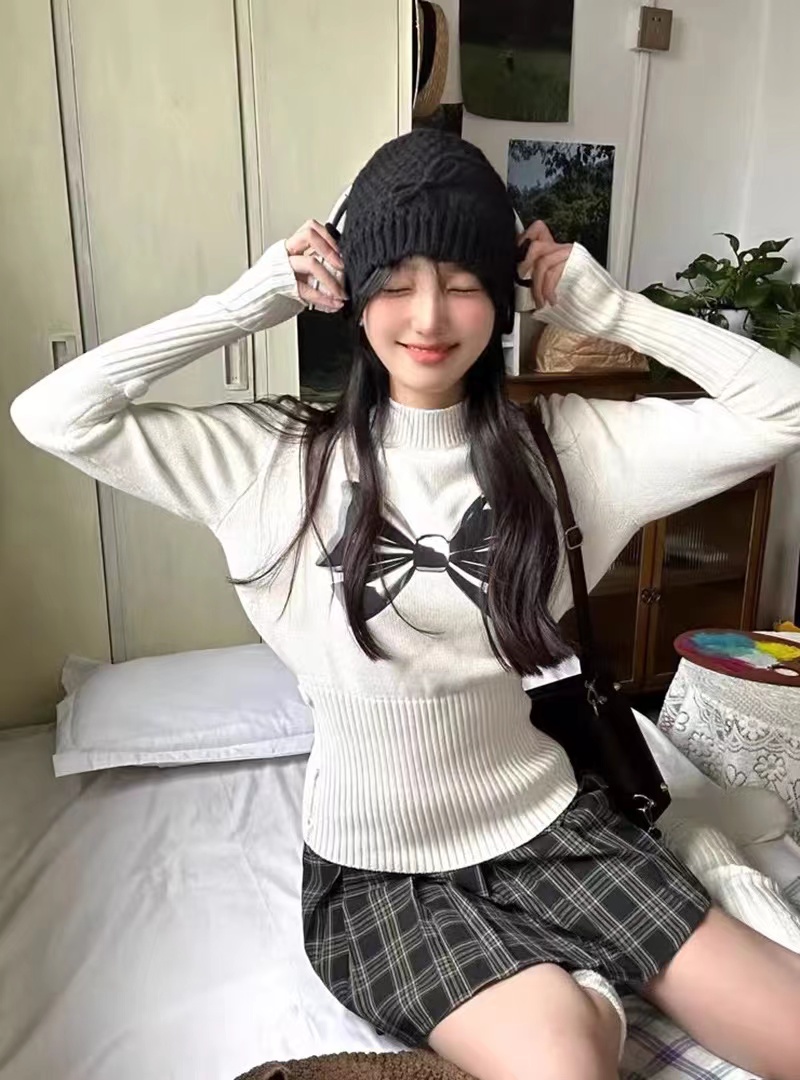 美式復古蝴蝶結半高領毛衣女秋冬收腰顯瘦氣質百搭長袖針織衫上衣