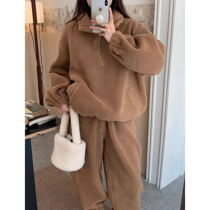 2023 Korean style warm and anti-freeze sherpa stand collar zipper drawstring sweatshirt + elastic waist leggings casual pants set