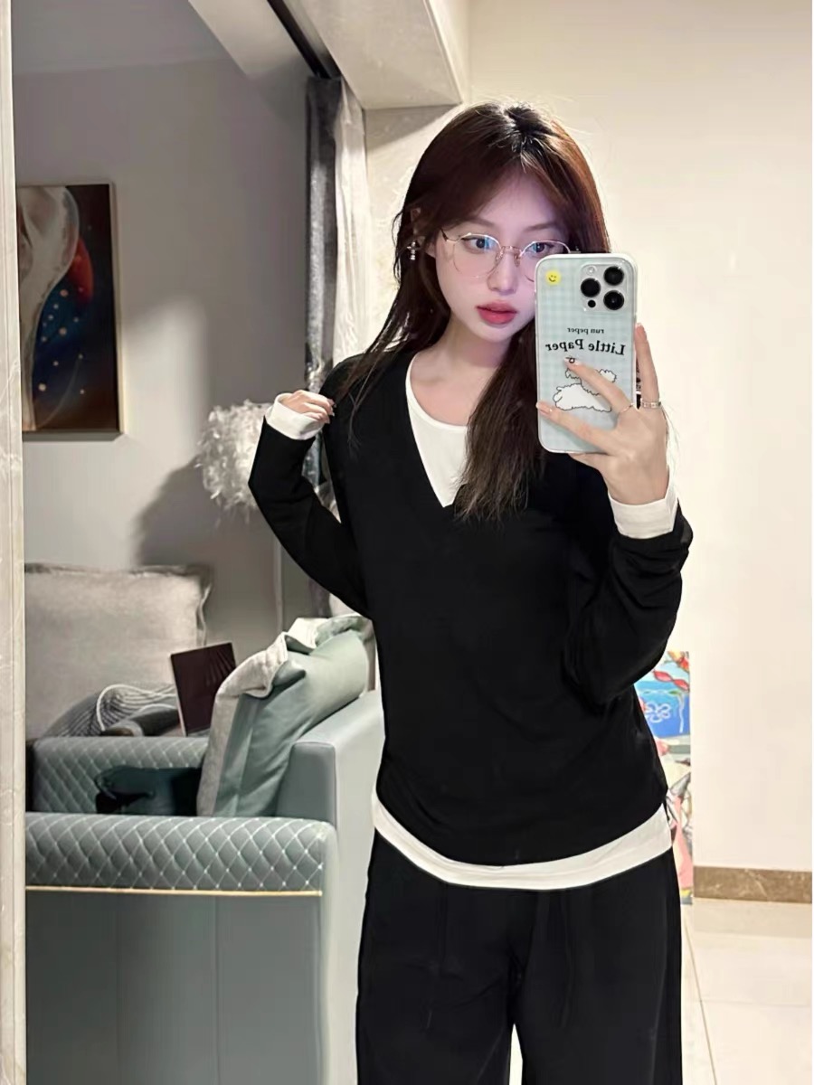 拼接假兩件長袖t恤女2023年春秋季新款設計感小眾內搭打底衫上衣
