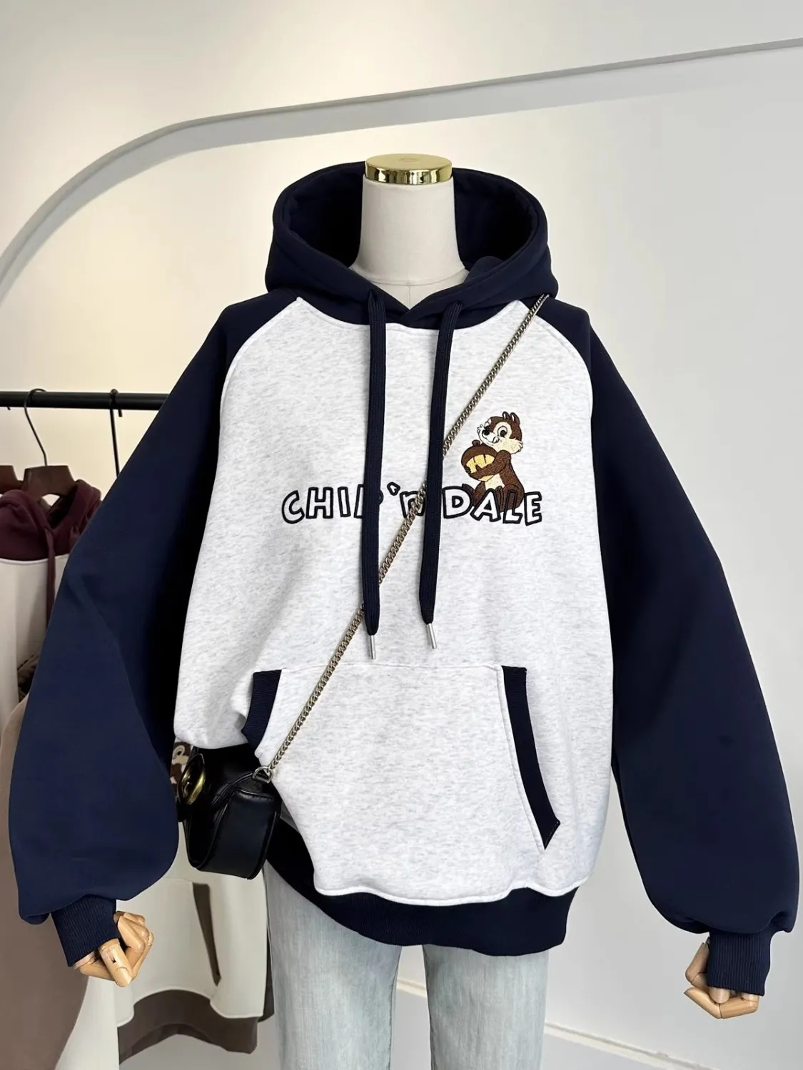 韓國單重工刺繡卡通洋氣拼色寬鬆加厚加絨衛衣女連帽保暖外套秋冬