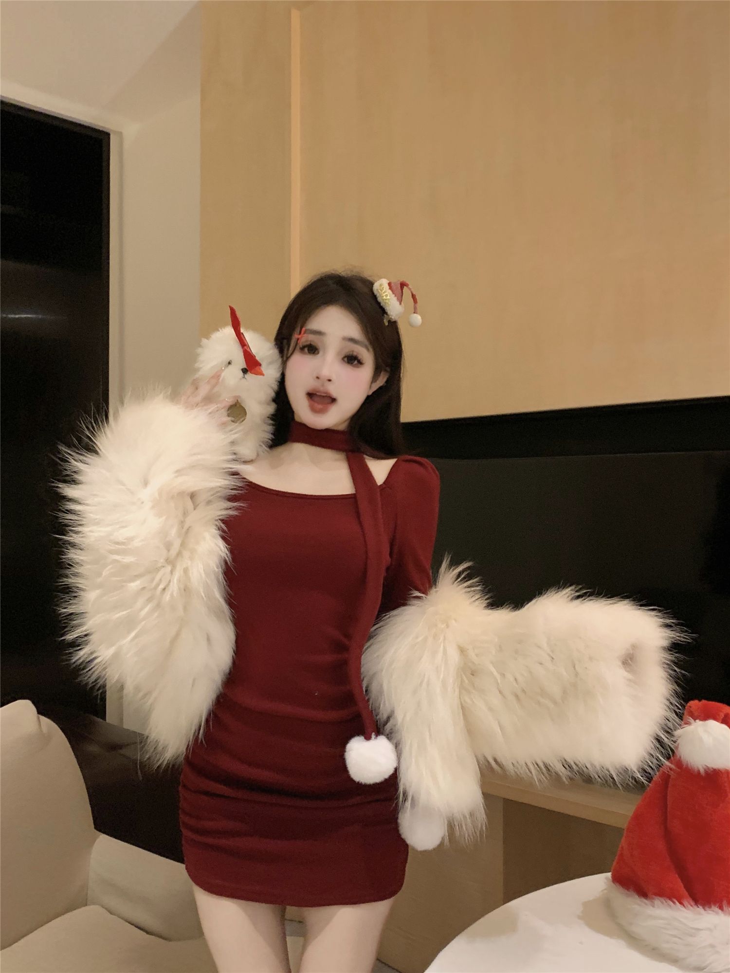 Actual shot~Pure lust style long-sleeved slim dress with ribbons, slimming butt-hugging skirt, inner short skirt, A-line skirt for women