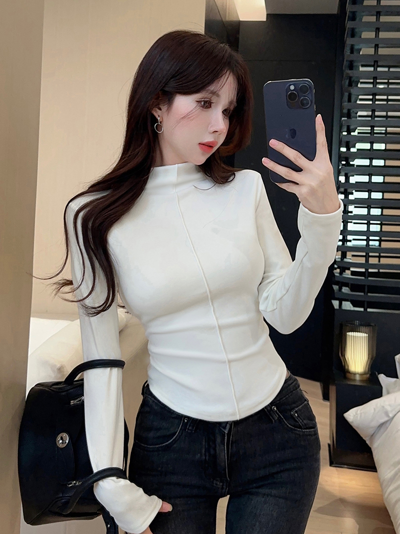 Actual shot of double-sided German velvet turtleneck bottoming shirt, warm long-sleeved women's autumn and winter pure lust hottie short top