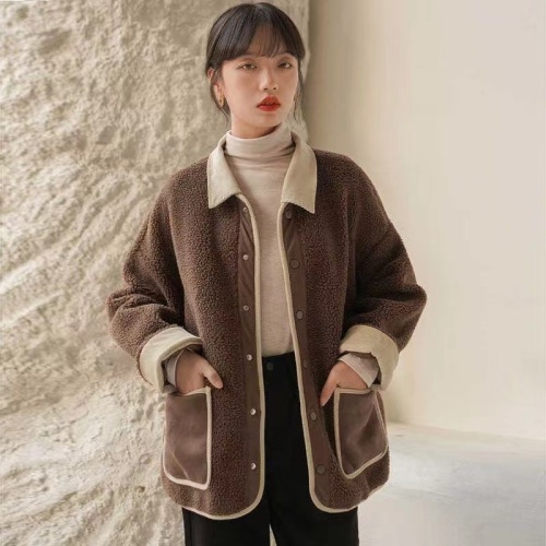 French retro lamb plush splicing small fragrant style plus velvet jacket for women winter bf sweet and cool little loose top