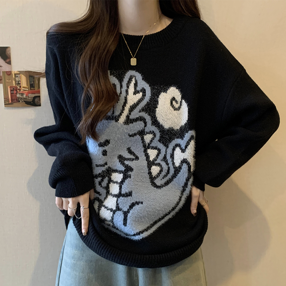 Real shot of plus size women's autumn and winter new year of dragon and zodiac year loose casual sweater slimming cover knitted sweater top