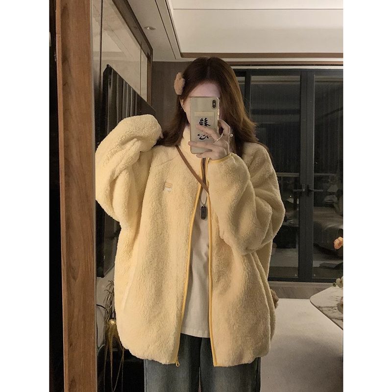 Cute lamb wool cotton coat for women autumn and winter 2023 new Korean style loose student warm thickened plush cotton coat