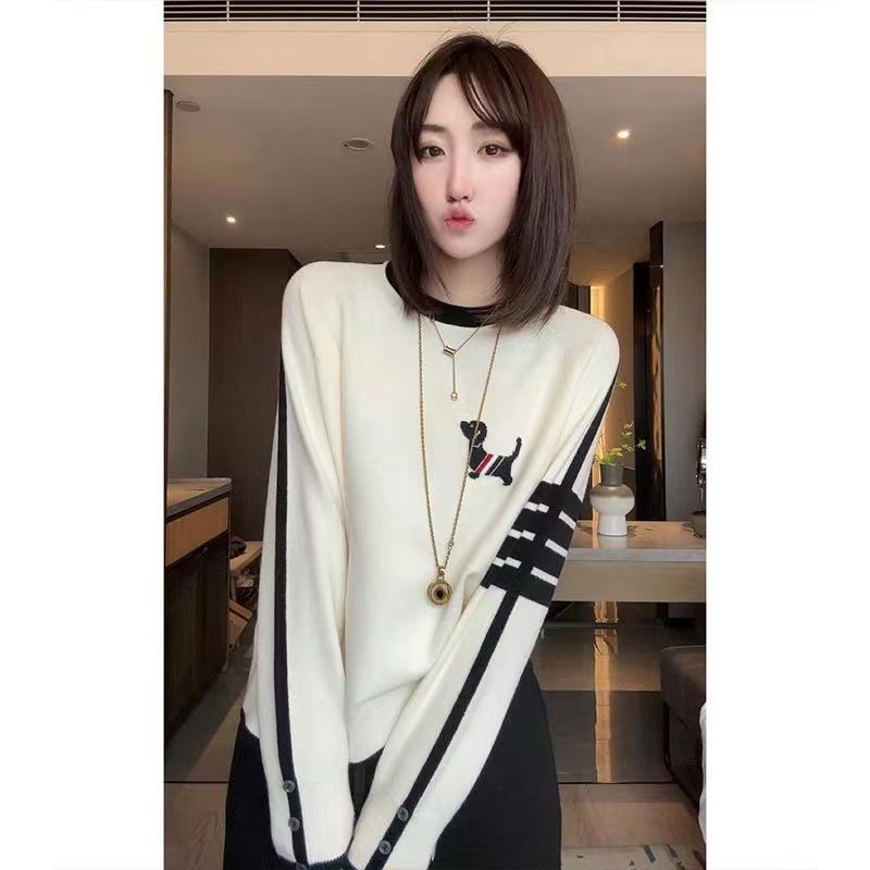 撞色長袖毛衣針織衫女休閒2023秋冬新款寬鬆打底衫女百搭時尚上衣
