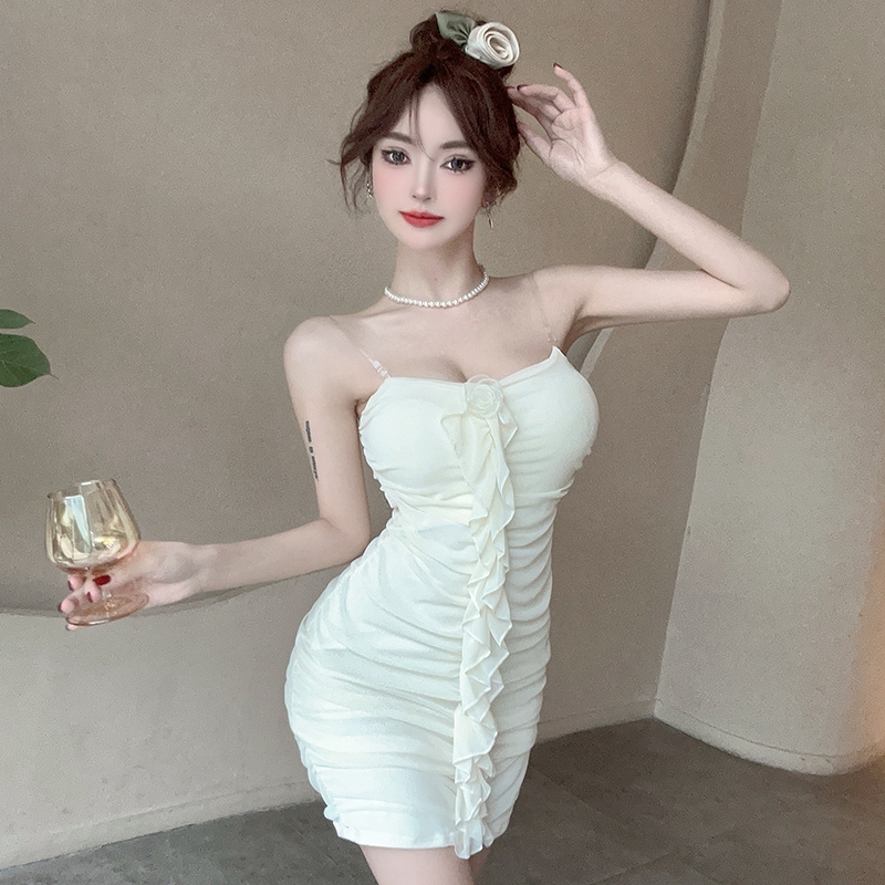 實拍純欲性感立體花朵抹胸連衣裙女夏新款辣妹褶皺修身顯瘦包臀裙