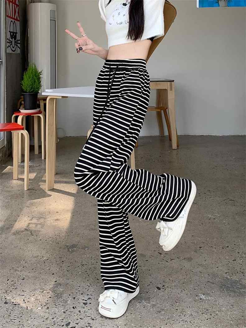 珠地 有口袋黑白條紋闊腿褲女高腰夏季新款顯瘦直筒窄版休閒褲潮