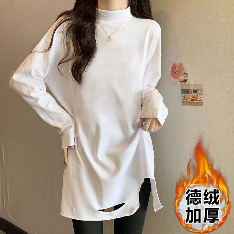 實拍中長款半高領德絨打底衫女秋冬季不規則破洞T恤寬鬆上衣