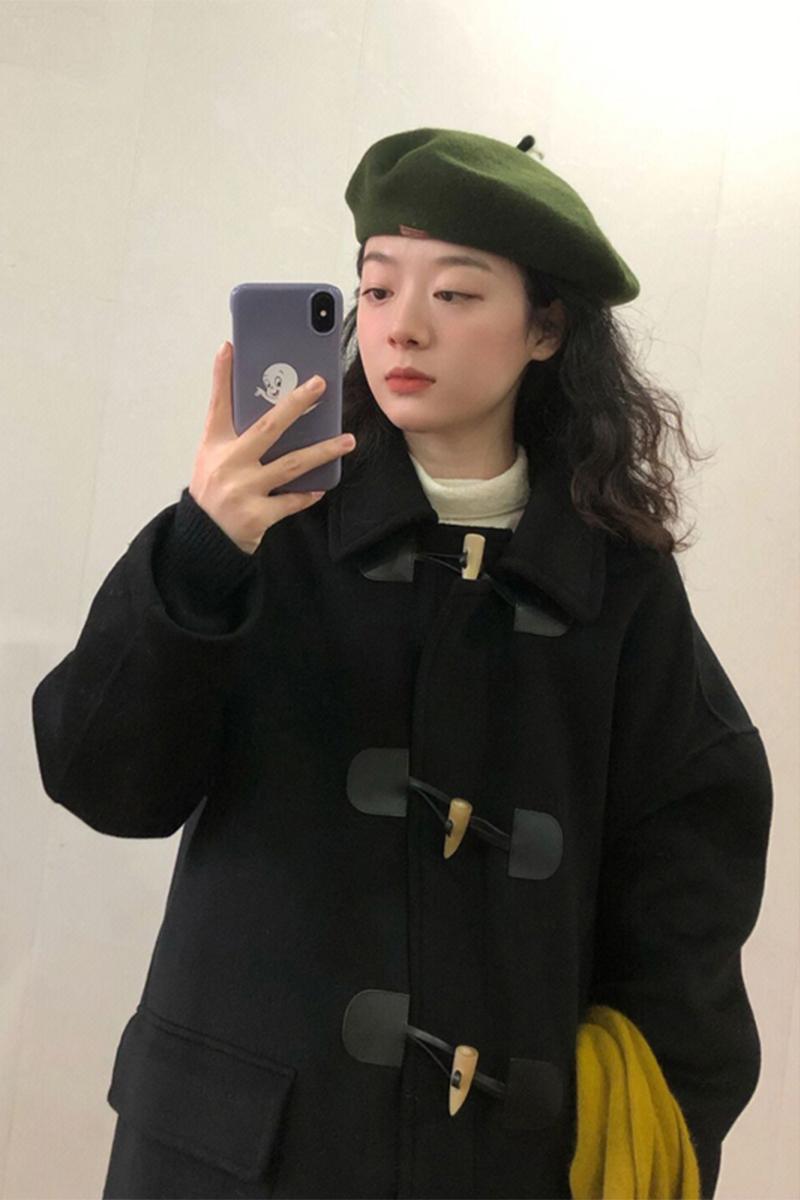 韓系小個子牛角扣黑色毛呢外套女秋冬2023新款高級感長款呢子大衣
