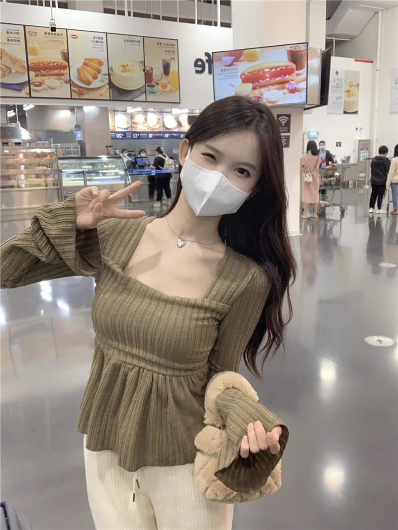 喇叭袖針織毛衣女秋季純欲風方領長袖打底衫內搭胖MM遮肚顯瘦上衣