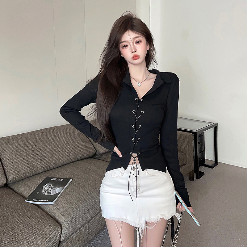 Actual shot ~ Tmall quality short t-shirt for women in spring and autumn hot girl straps slim slim polo collar long-sleeved top