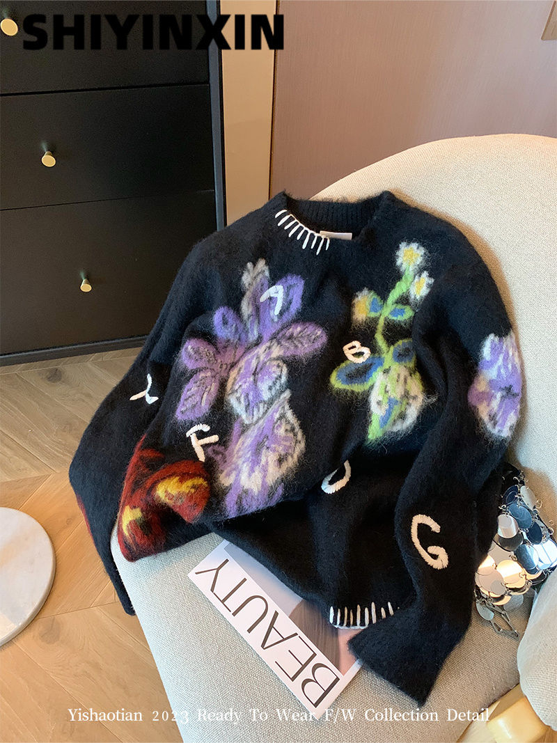 北極絨慵懶風撞色重工刺繡圓領毛衣女秋冬寬鬆百搭軟糯針織衫潮