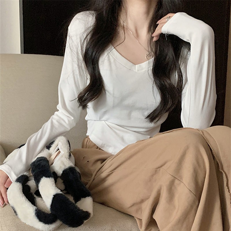 Official photo German velvet ribbed 90 polyester 10 spandex v-neck long-sleeved t-shirt women's early autumn slimming pure lust style