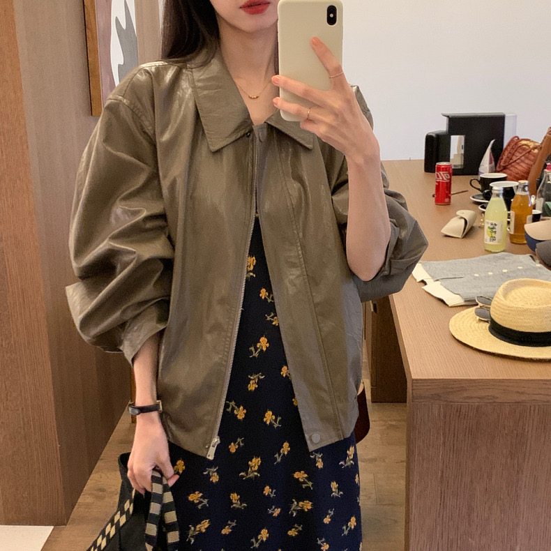 Korean retro brown premium bomber jacket imitation leather versatile jacket for women 2023 autumn new style