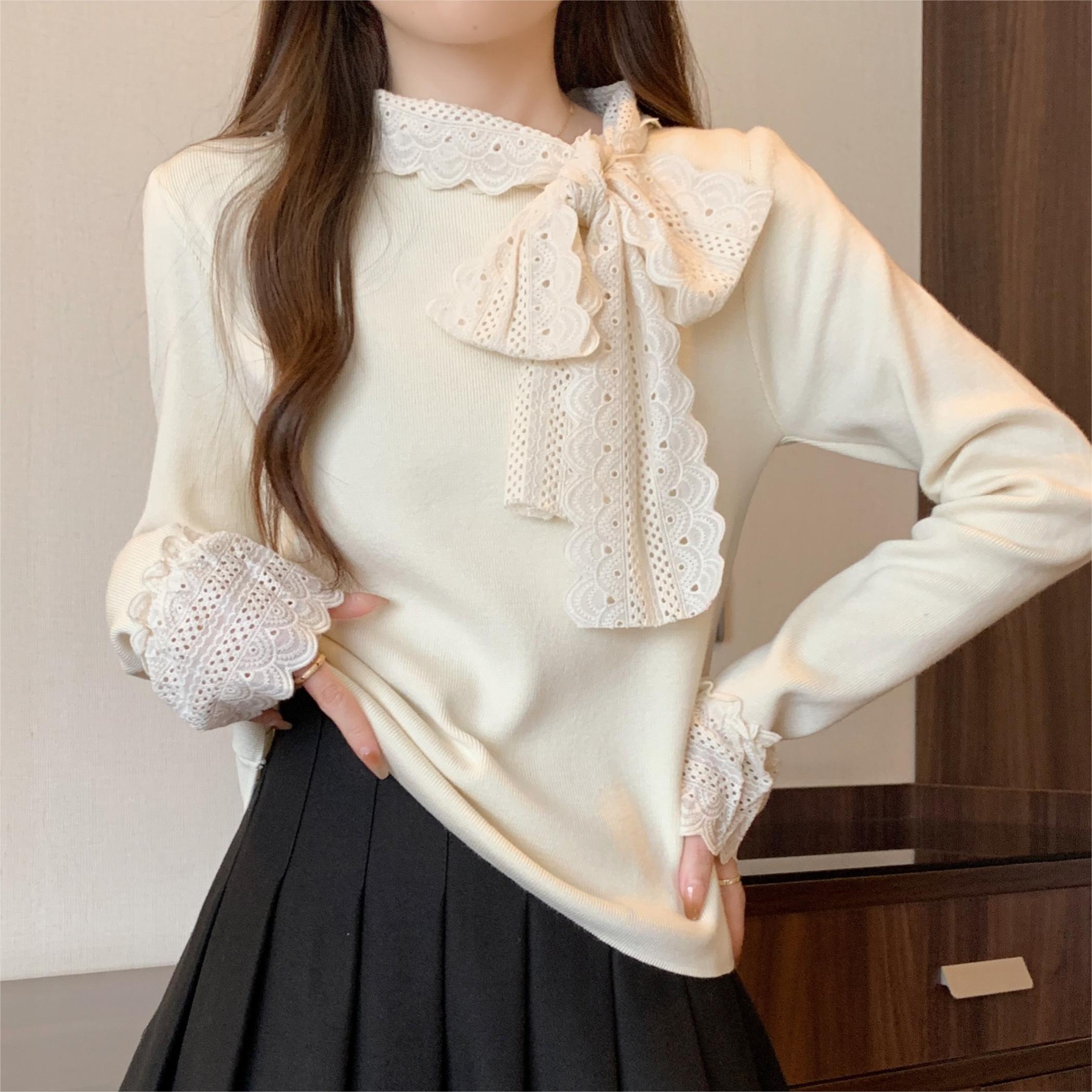 Real shot of plus size women's winter spliced ​​bow collar long-sleeved sweater slim sweater bottoming inner top