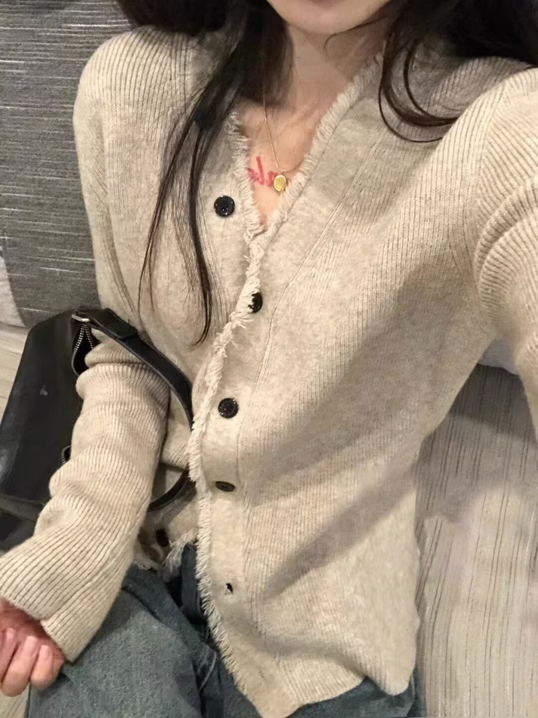 V領針織打底開衫女春秋毛衣外套設計感小眾修身別致甜辣長袖上衣