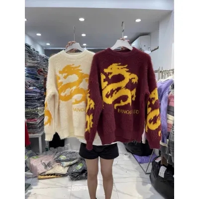 Thirteen lines of autumn and winter women's new fashion brand American retro niche round neck sweater lazy style high street jacquard sweater