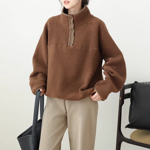 Original workmanship retro literary casual lamb wool versatile sweatshirt winter solid color high collar loose versatile top