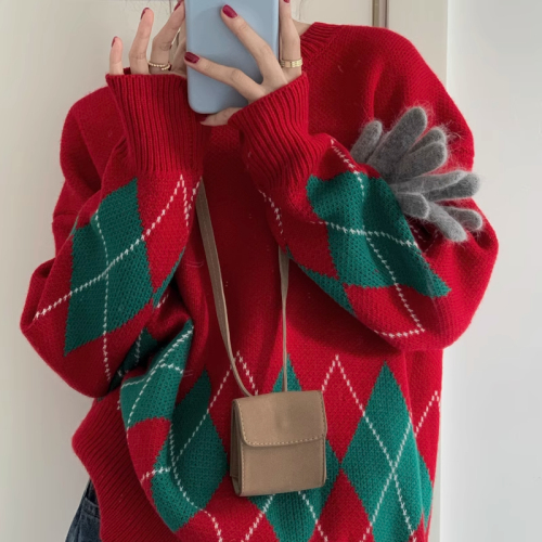 Official picture red rhombus sweater for women autumn and winter  new style lazy style loose outer wear bottoming sweater top