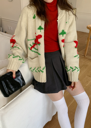 韩国chic冬日圣诞重工气质翻领加厚保暖拉链毛衣外套女针织开衫