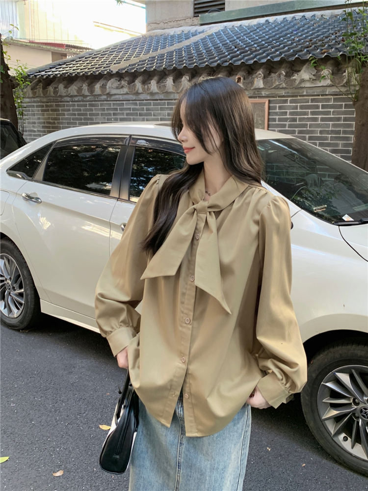 實拍！秋冬內搭襯衫女法式復古甜美溫柔風蝴蝶結百搭襯衣上衣