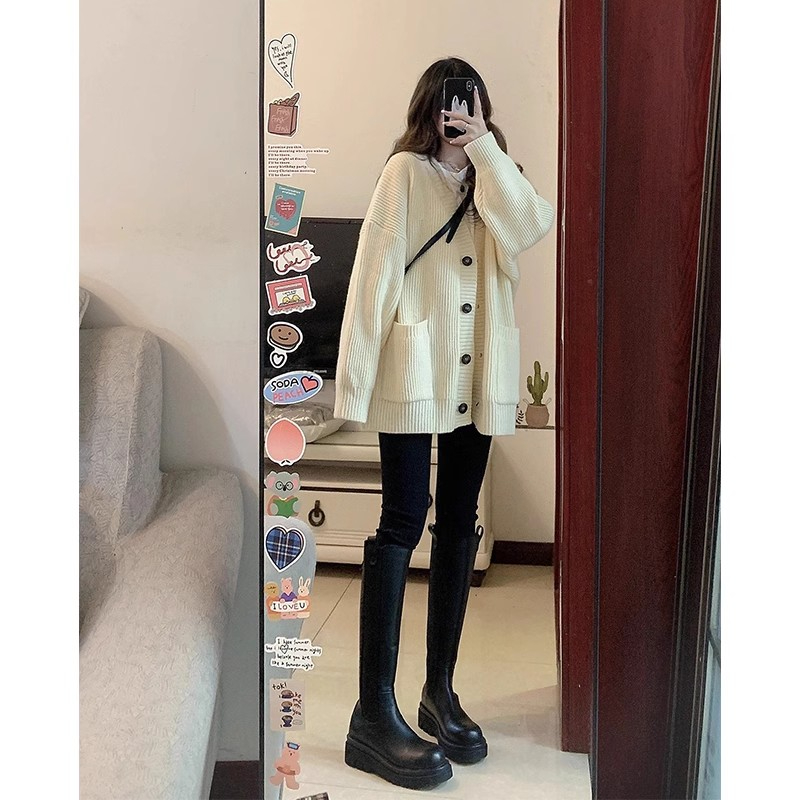 高質量風毛衣開衫溫柔春秋中長款v領寬鬆灰色針織衫外套女