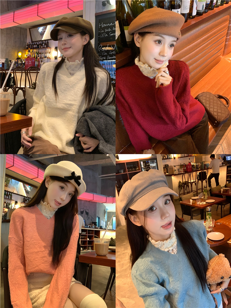實拍 新款 韓版chic蕾絲拼接假兩件V領寬鬆加厚毛衣