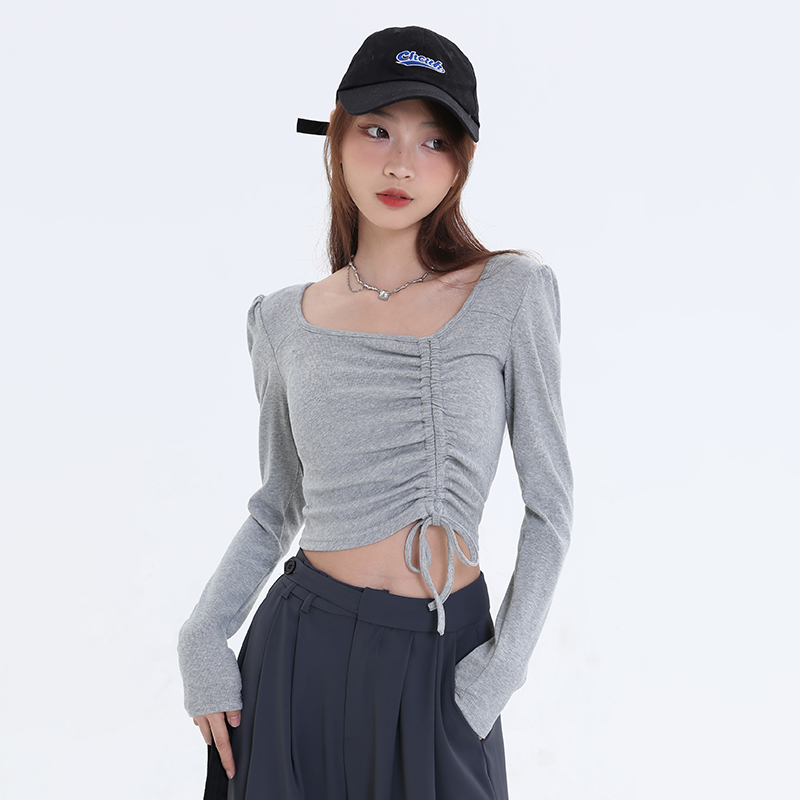 5 colors autumn new square neck top pleated slimming hot girl long-sleeved bottoming shirt female short navel T-shirt