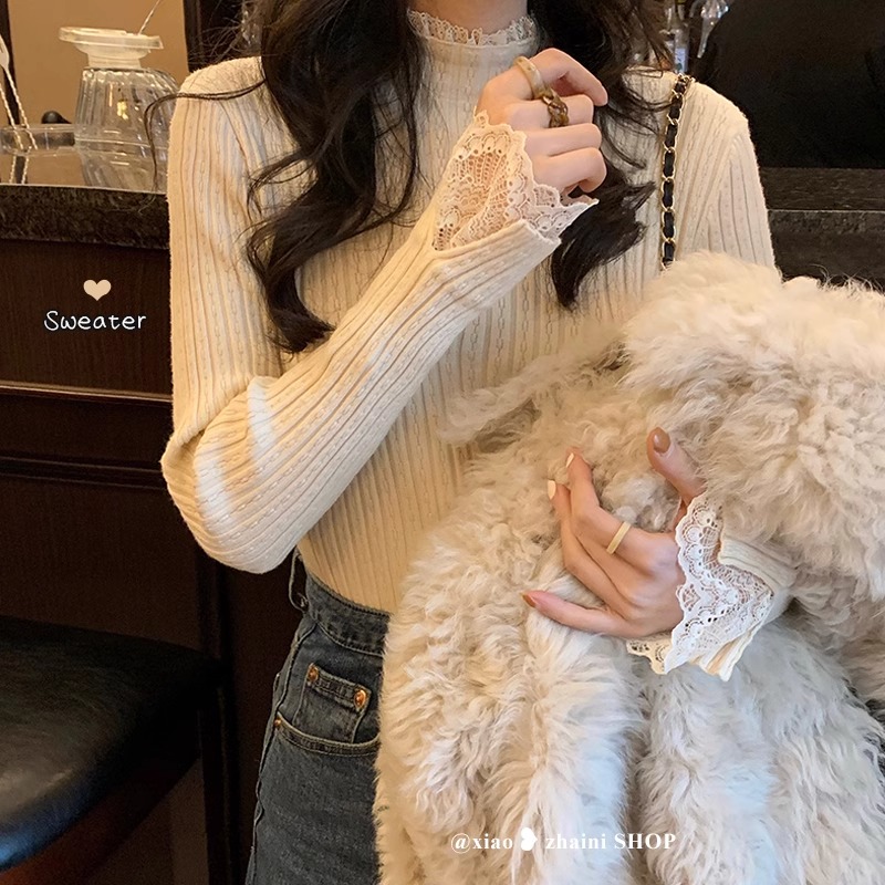 蕾絲邊半高領白色內搭打底衫女早秋季2023新款長袖毛衣針織衫上衣