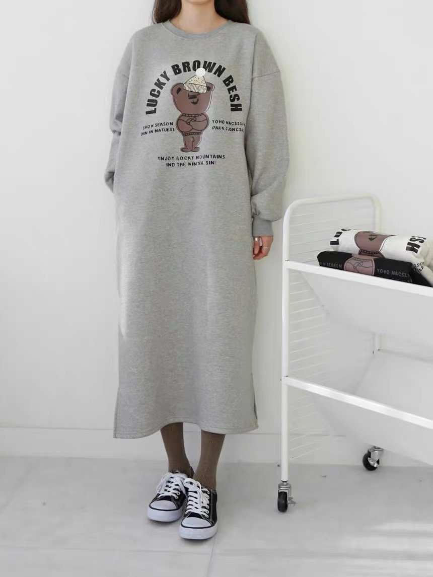 250g large sweatshirt winter Korean style round neck lazy style gray slit T-shirt sweatshirt skirt for women