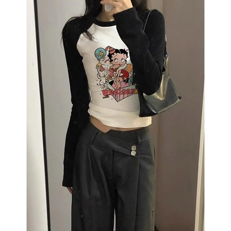 Shoulder bag collar autumn new pure cotton contrasting raglan T-shirt hiphop fashion brand slimming top for small people