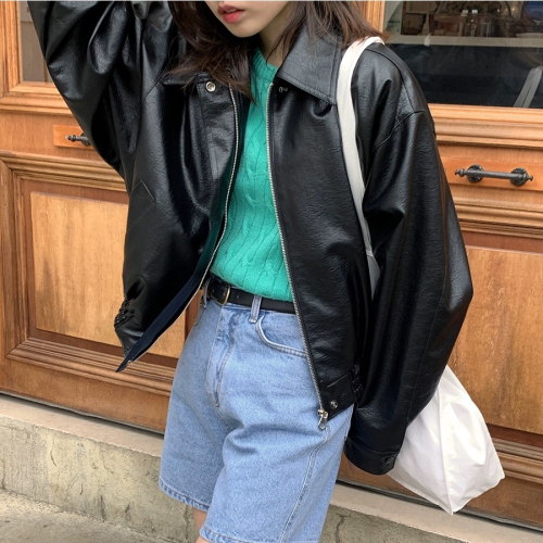 Fruit green solid color retro jacket style PU leather short coat Korean style autumn new Hong Kong style casual gram top